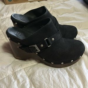 UGG Black Leather Mules with Silver Accents